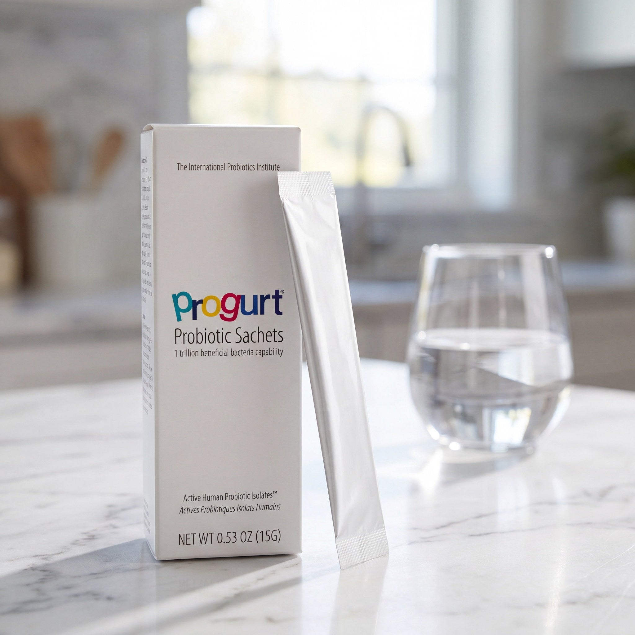 Probiotic 5-Pack — box and sachet stick beside a glass on marble