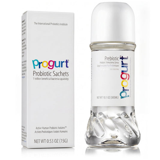 Progurt Foundation bundle — 5-Pack probiotic sachets and Prebiotic syrup grouped on white