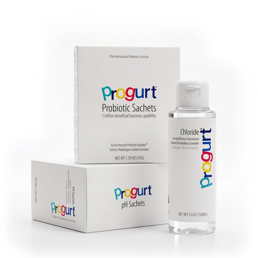 Progurt Gentle Reset bundle — probiotic sachets, pH sachets, and Chloride grouped on white