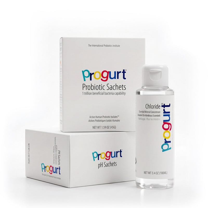 Progurt Gentle Reset bundle — probiotic sachets, pH sachets, and Chloride grouped on white