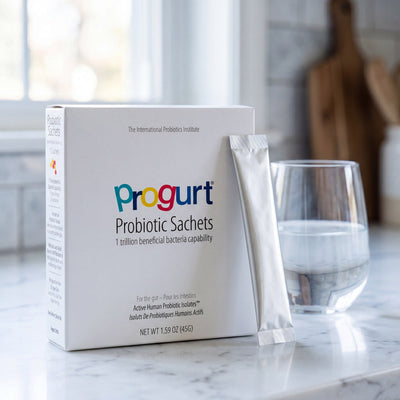 Progurt Probiotic Sachets box beside a glass of water in a calm everyday routine