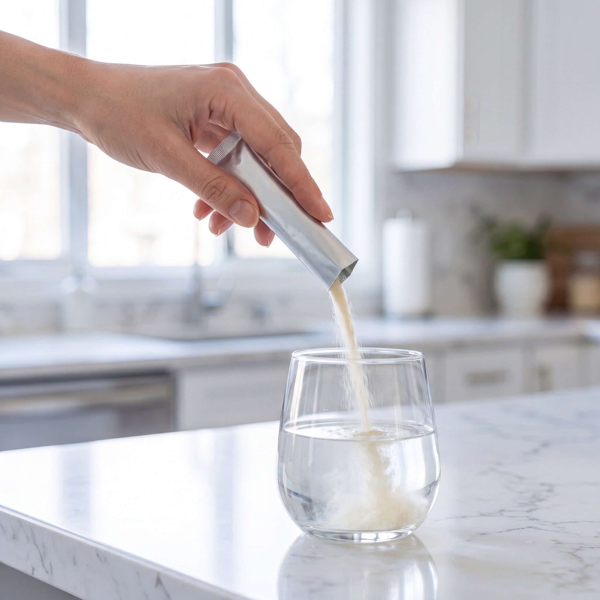 How to use the Probiotic 5-Pack — a sachet stick poured into a glass of water on marble