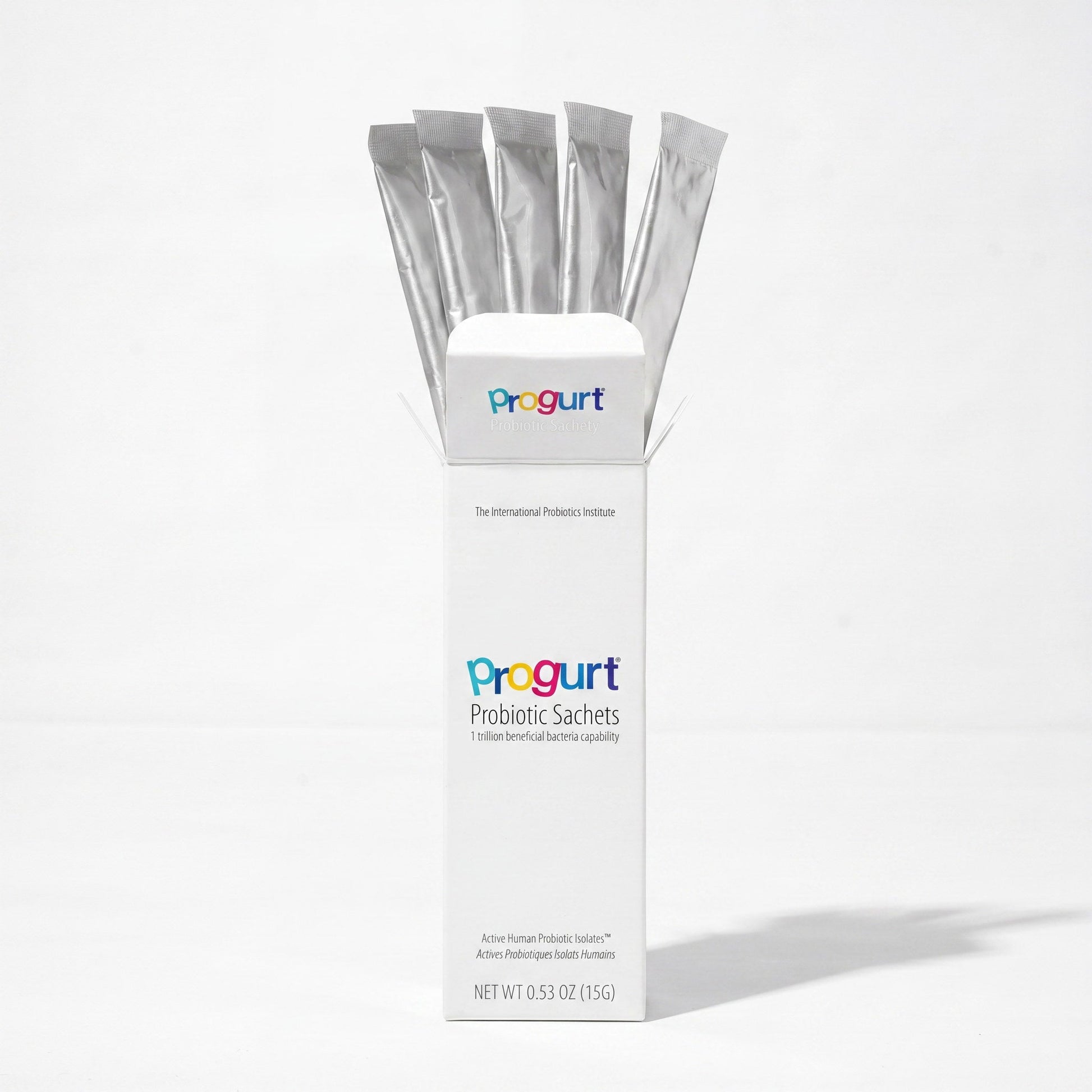 Probiotic 5-Pack inside — an open box with fanned silver sachet sticks on high-key white