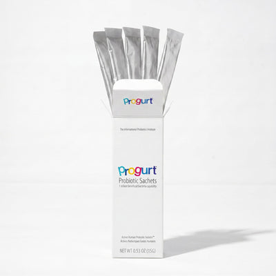 Probiotic 5-Pack inside — an open box with fanned silver sachet sticks on high-key white