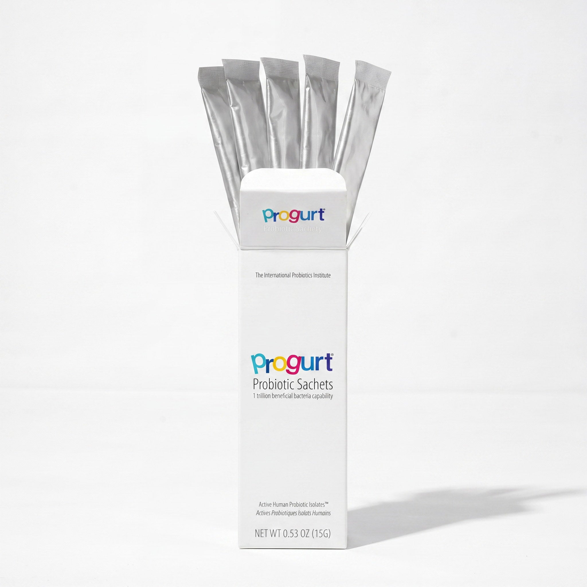 Probiotic 5-Pack inside — an open box with fanned silver sachet sticks on high-key white
