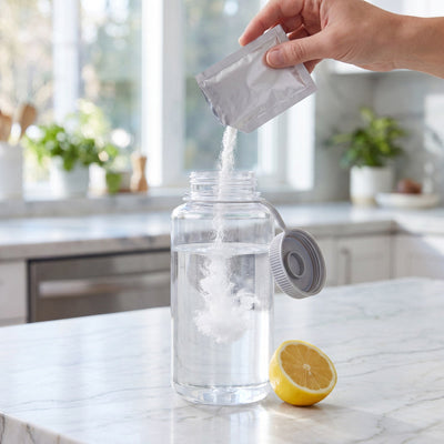 Adding a Progurt pH sachet to water — part of the Complete Maintenance routine